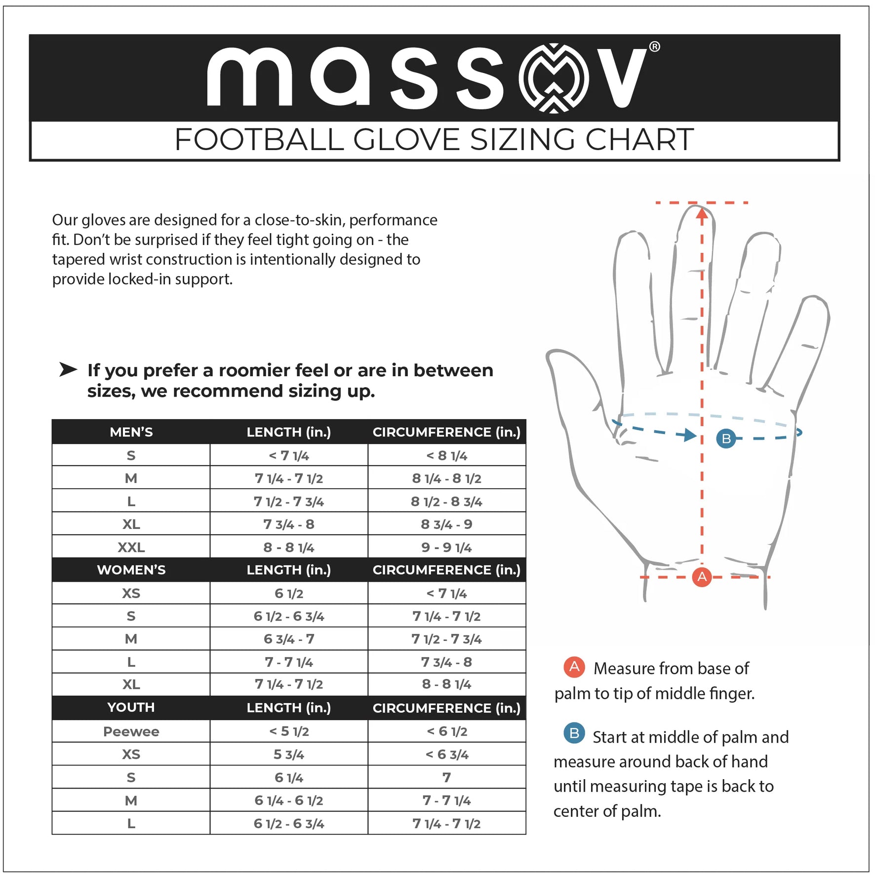 Massov Men's - Women's - Youth - Glove Size Chart